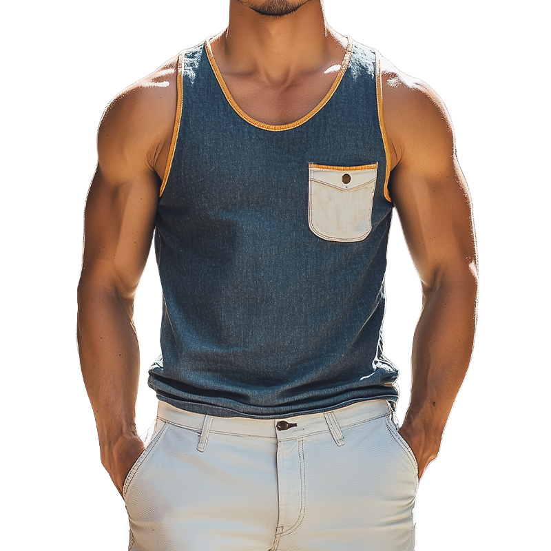 Camiseta sin mangas informal de mezclilla entallada con cuello redondo de Tencel para hombre