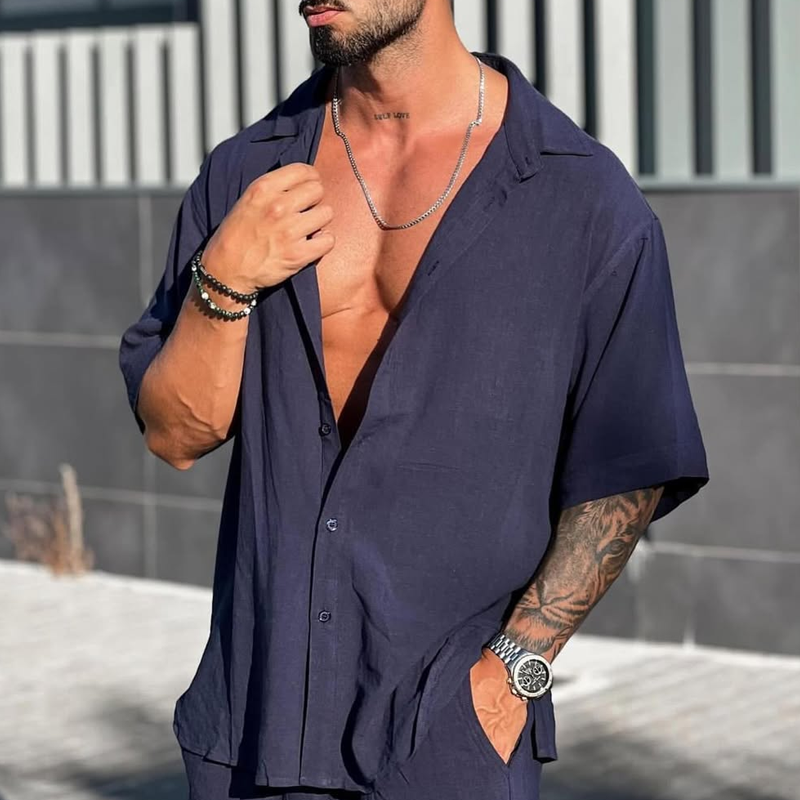 Men's Solid Loose Lapel Short Sleeve Shirt MTA0812D8Z