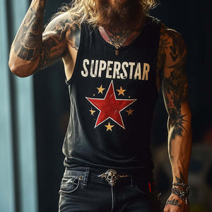 Men's Retro "SUPERSTAR" Print Casual Crew Neck Tank Top