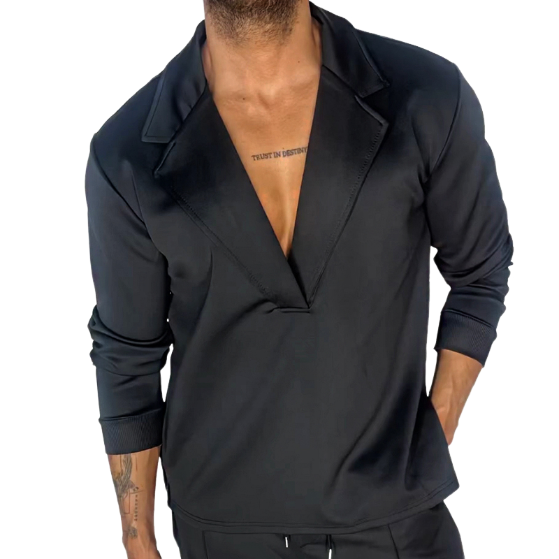 Men's Retro Casual Solid Color Pullover Lapel Long Sleeve Shirt