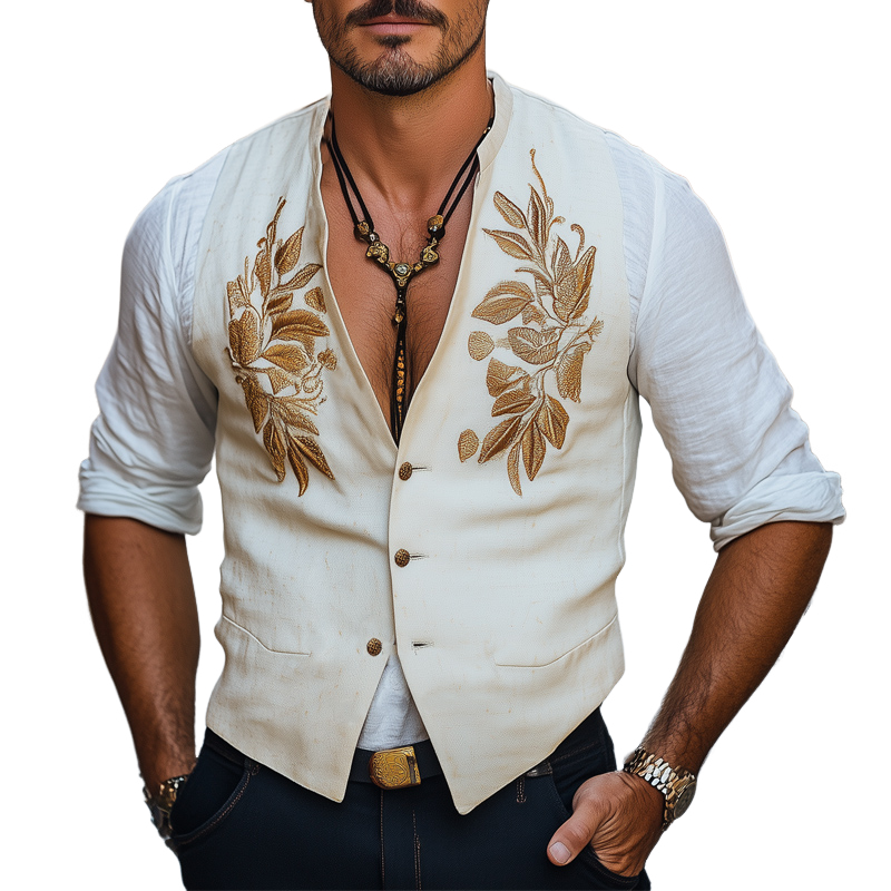 Men's Comfortable Cotton And Linen Gold Embroidered Vest