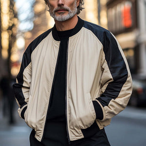 Chaqueta de béisbol retro con cremallera y bloques de color camello negro para hombre