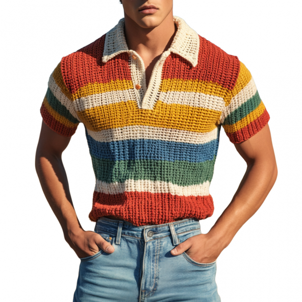 Men's Casual Rainbow Striped Lapel Knitted Short Sleeve Polo Shirt MTA0720D3M