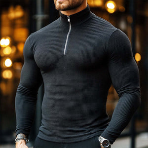 Camiseta de manga larga con cuello alto, cremallera y estampado de gofres de color liso para hombre, estilo retro informal