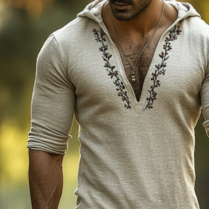 Men's Retro Casual Linen Embroidered Hooded Long Sleeve Shirt