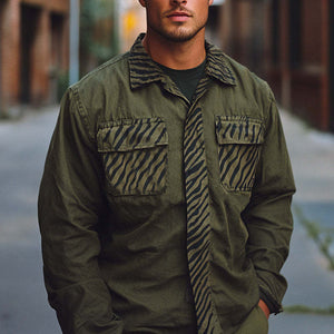 Men's Spring And Autumn Army Green Splicing Printed Long Sleeve Shirt