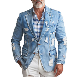 Men's Fashion Retro Casual Washed Denim Ripped Single Breasted Blazer