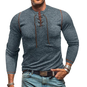 Camiseta Henley de manga larga con cuello redondo y lazo para hombre