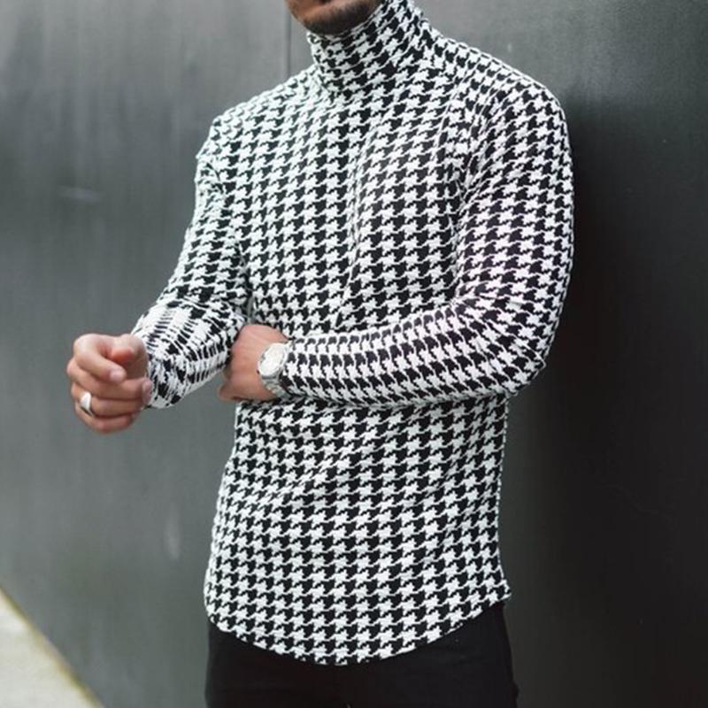 Camiseta de manga larga con cuello alto y estampado retro informal de pata de gallo para hombre