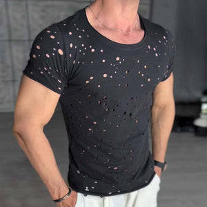 Men's Retro Casual Cotton Irregular Hole Round Neck Short Sleeve Shirt