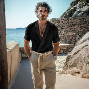 Camiseta retro de manga corta con cuello redondo y borde sin rematar de color liso para hombre