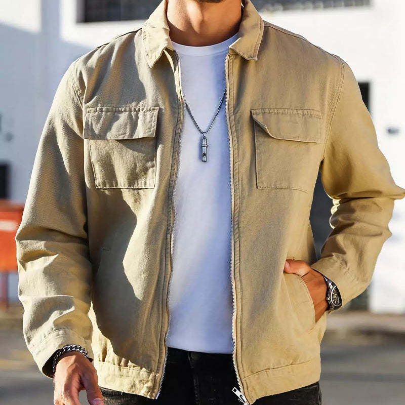 Chaqueta vintage caqui lisa con cremallera para hombre