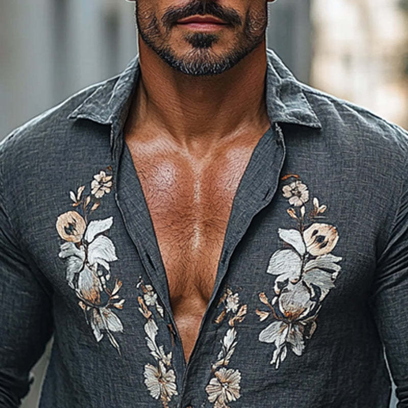 Men's Vintage Floral Embroidered Long Sleeve Shirt