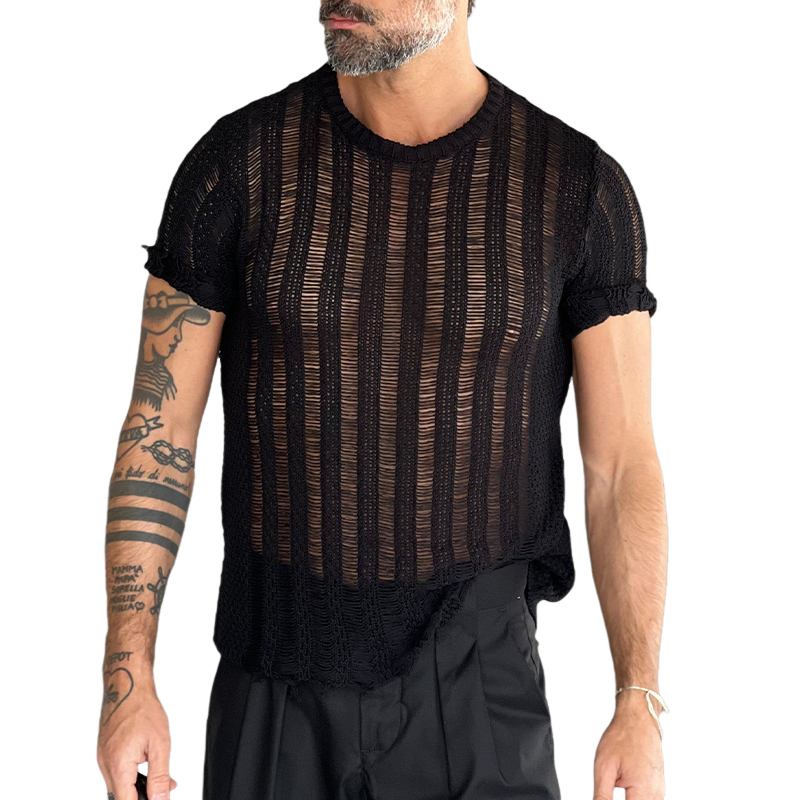 Camiseta de punto de manga corta con cuello redondo y color liso para hombre