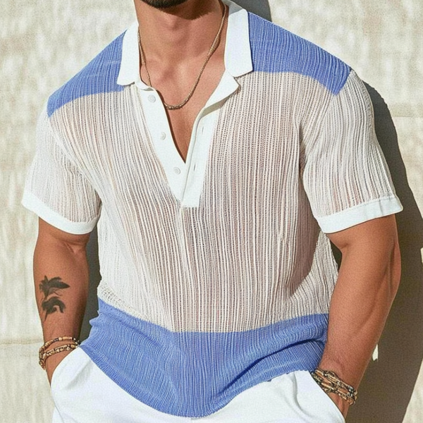 Men's Casual Contrast Lapel Loose Single Knit Short Sleeve Polo Shirt MTA3153C8M