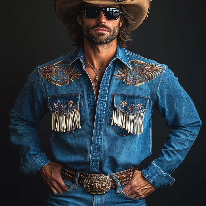 Camisa vaquera estilo western con borlas bordadas en azul oscuro vintage para hombre