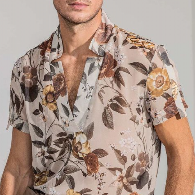 Men's Fashion Casual Retro Printed V-Neck Chiffon Short Sleeve Shirt