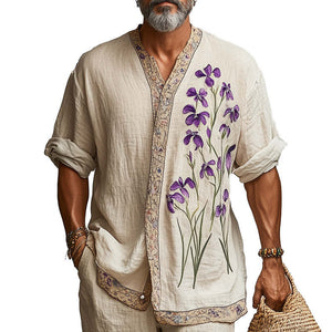 Camisa de manga larga de algodón y lino retro de moda de primavera para hombre