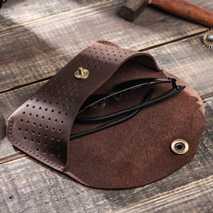 Bolsa de almacenamiento portátil para gafas de piel de vaca hueca de capa superior para hombre