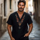 Men's Casual V-neck Cotton And Linen Embroidered T-shirt