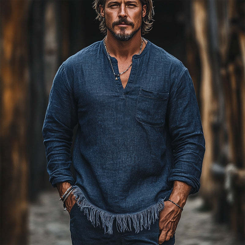 Camiseta informal vintage azul marino de algodón y lino con cuello en V para hombre