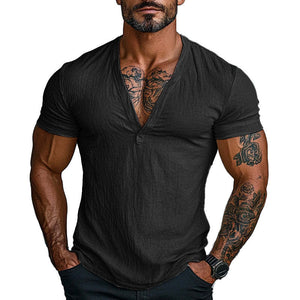Men's Solid Color V-neck Short-sleeved Cotton T-shirt