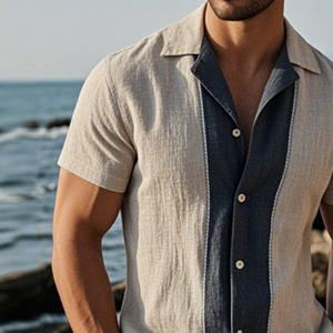 Men's Retro Casual Linen Striped Colorblock Printed Lapel Short Sleeve Shirt