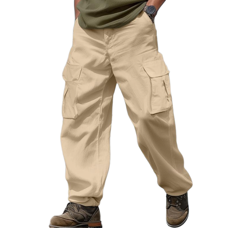 Pantalones cargo casuales de lino y algodón para hombre, holgados, con múltiples bolsillos