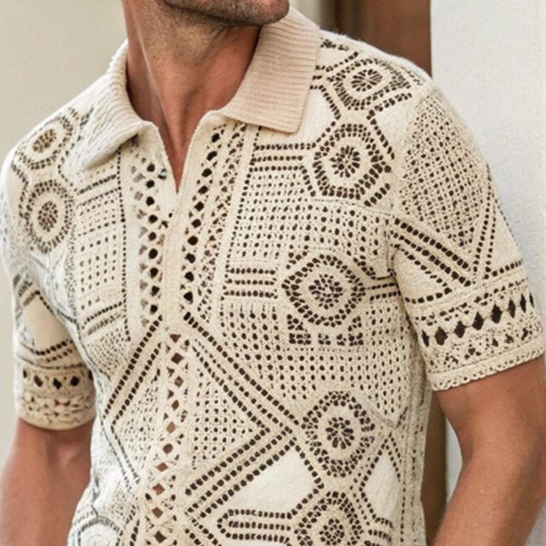 Camiseta de manga corta de punto calado con solapa informal de verano para hombre