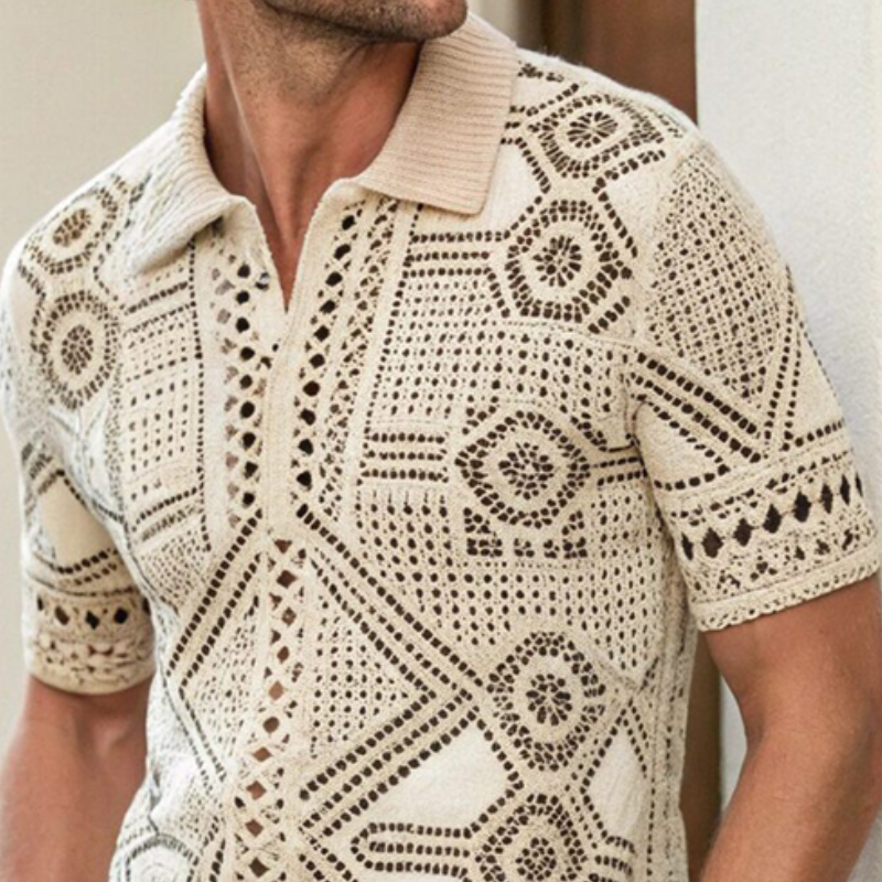 Herren Sommermode Casual Urlaub Revers Hohl Gestrickt Kurzarm T-Shirt