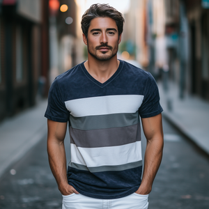 Camiseta de manga corta con cuello en V y empalme de gamuza para hombre, estilo primaveral