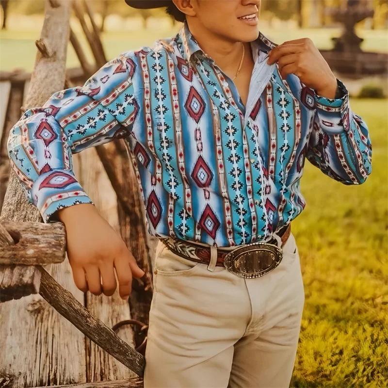 Men's Western Cowboy Stripe Printed Vacation Long Sleeve Shirt