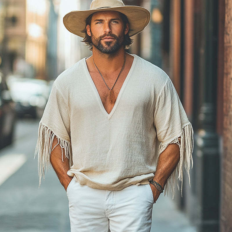 Camiseta informal holgada de algodón y lino con cuello en V profundo y borlas para hombre
