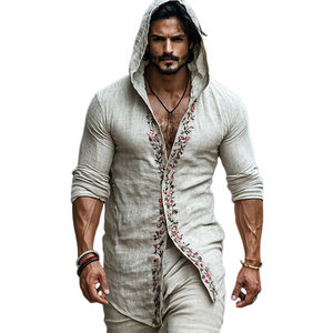 Camisa de manga larga con capucha y bordado de lino informal retro para hombre