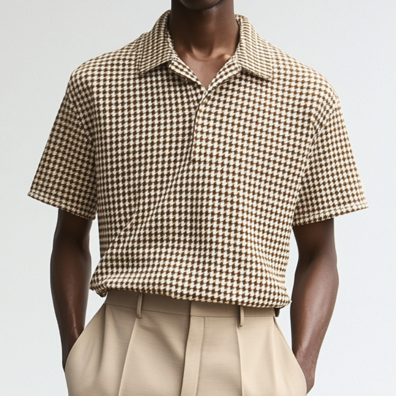 Men's Casual Houndstooth Lapel Loose Short Sleeve Polo Shirt MTA1867C0M