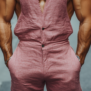 Men's Spring And Summer Fashion Casual Deep V-Neck Cotton And Linen Tank Top Pants Jumpsuit