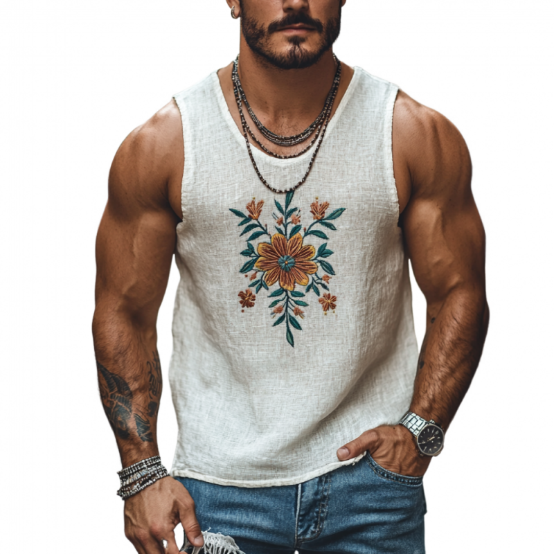 Lässiges Herren-Tanktop aus Leinen mit U-Ausschnitt und Blumenstickerei in schmaler Passform