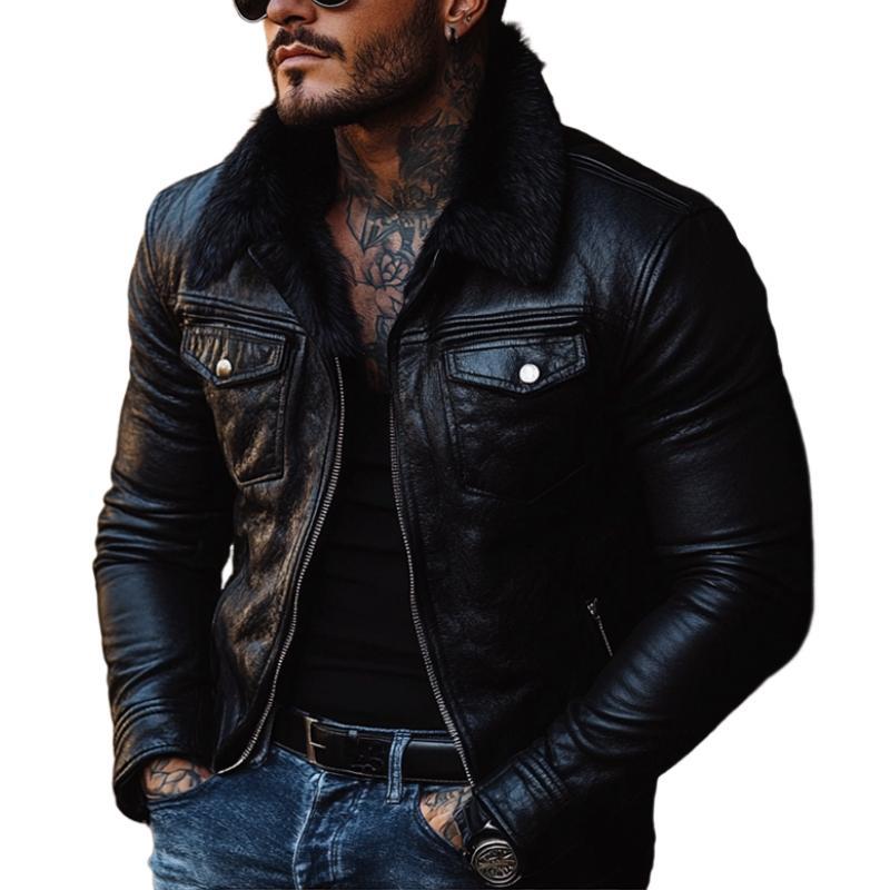 Men's Vintage Fur Collar Leather Jacket