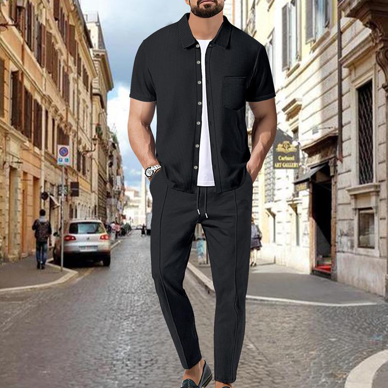 Men's Waffle Solid Color Short Sleeve Shirt And Pants Set