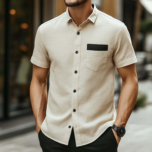 Men's Retro Casual Linen Colorblock Simple Lapel Pocket Short Sleeve Shirt
