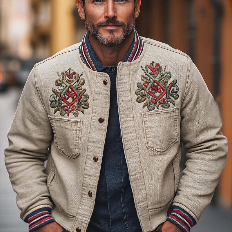 Men's Khaki Grainy Textured Embroidered Jacket