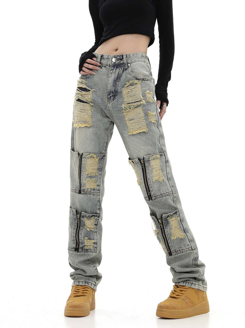 High Street Washed And Torn Work Pockets Denim Pants