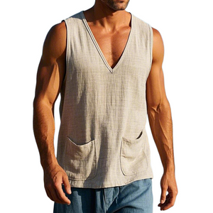 Men's Retro Casual Linen Solid Pocket V-Neck Tank Top