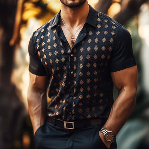 Camisa de lino con solapa de manga corta y estampado geométrico informal retro para hombre