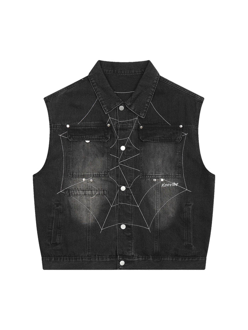 Dark Spider Letter Embroidered Denim Vest Jacket