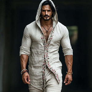 Camisa de manga larga con capucha y bordado de lino informal retro para hombre
