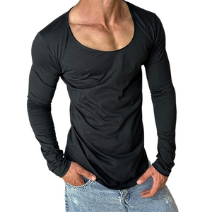 Camiseta informal de algodón mezclado con cuello redondo y manga larga para hombre