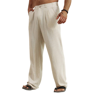 Pantalones de playa elásticos casuales de algodón y lino de color sólido para hombre 