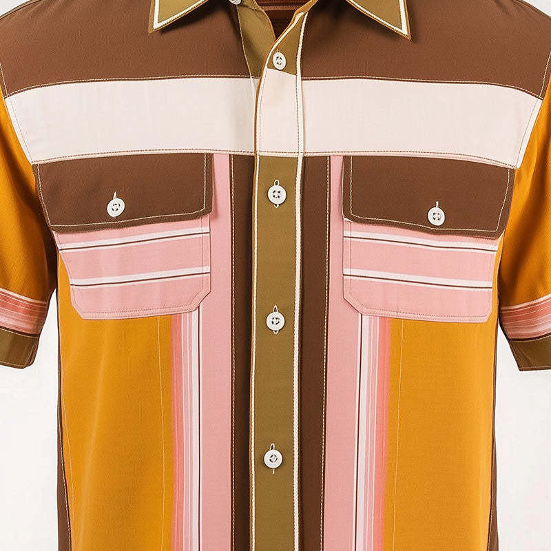 Camisa de manga corta con estampado de rayas en contraste retro para hombre
