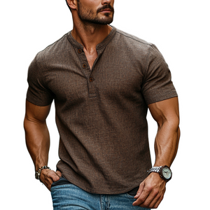 Camiseta Henley de manga corta de algodón y lino para hombre